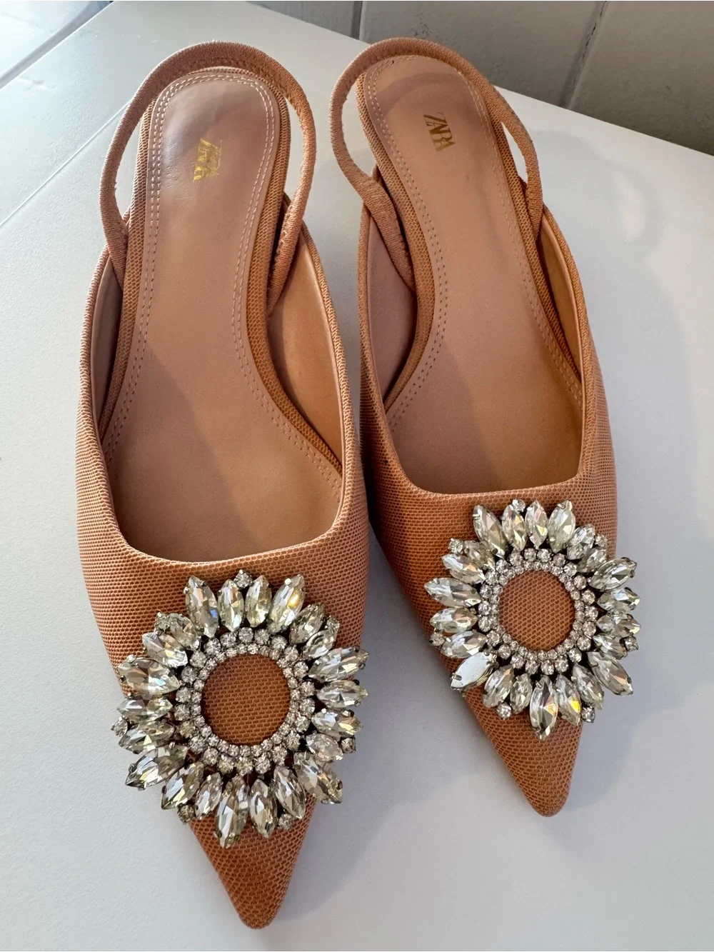 Zara Embellished Slingback with kitten heels in Tan